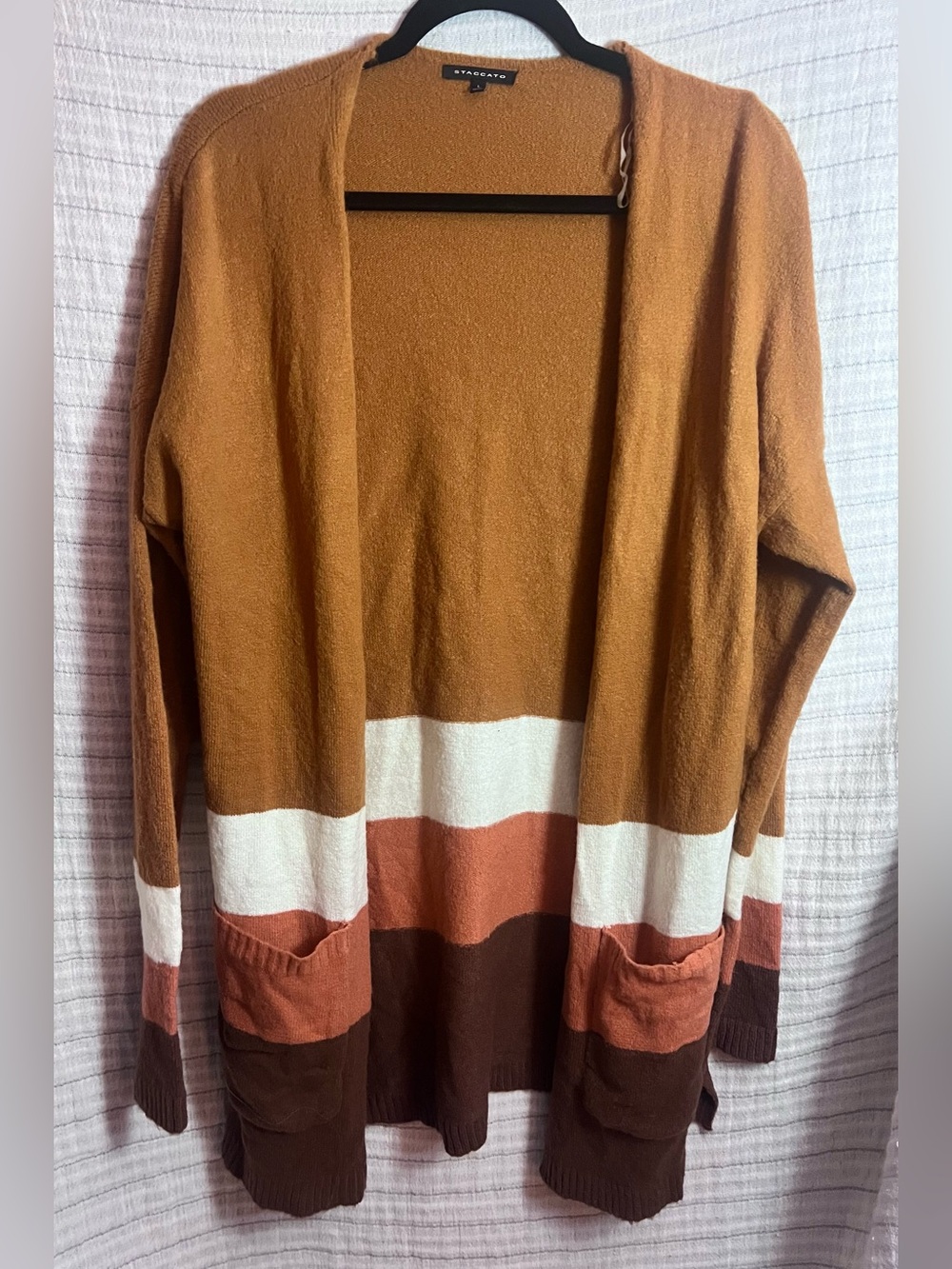 Staccato Colorblock Open Cardigan - Brown, White, Tan